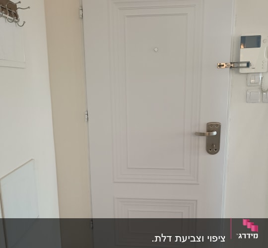 דלת לבנה עם ידית מתכת ובריח